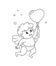 Cute cartoon Cupid with balloon in heart shape. Illustration for a Valentine`s Day. Black and white vector illustration for colori